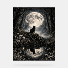 Mystical Black Cat Under Full Moon Forest  アクリルサイン