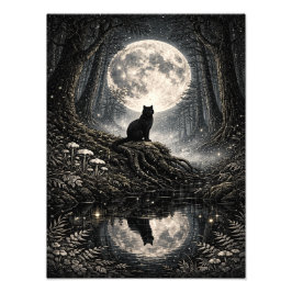 Mystical Black Cat Under Full Moon Forest Poster フォトプリント