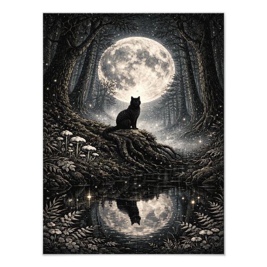 Mystical Black Cat Under Full Moon Forest Poster フォトプリント (正面)