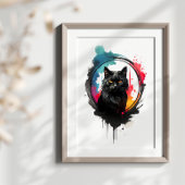 Mystical Black Cat Watercolor Splash Art ポスター