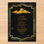 Mystical Black Gold Celestial Stars Wedding アクリル招待状 (正面)