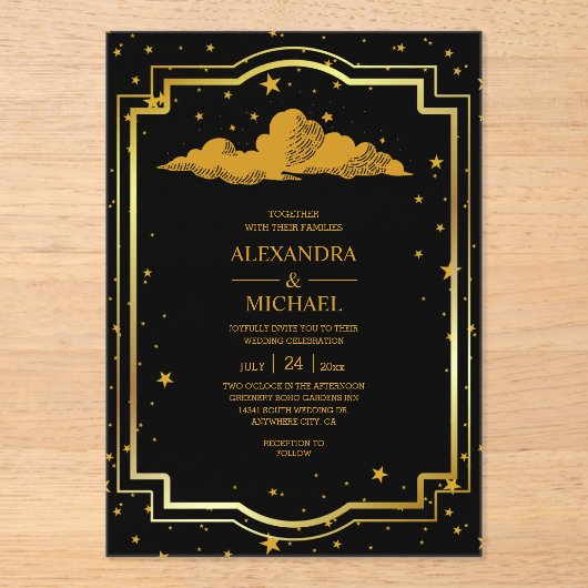 Mystical Black Gold Celestial Stars Wedding アクリル招待状 (正面)