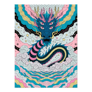 Mystical Blue Dragon in Clouds フォトプリント