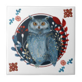 Mystical Blue Owl Red Leaves Folk Art タイル (正面)