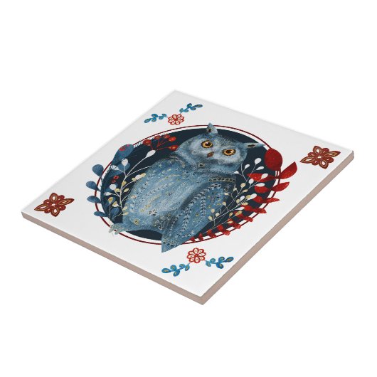 Mystical Blue Owl Red Leaves Folk Art タイル (側面)
