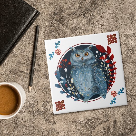 Mystical Blue Owl Red Leaves Folk Art タイル