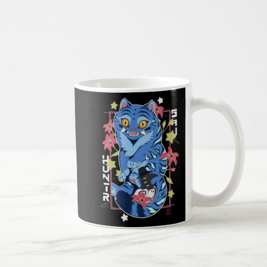 Mystical Blue Tiger Japanese Folk Art Style コーヒーマグカップ (右)