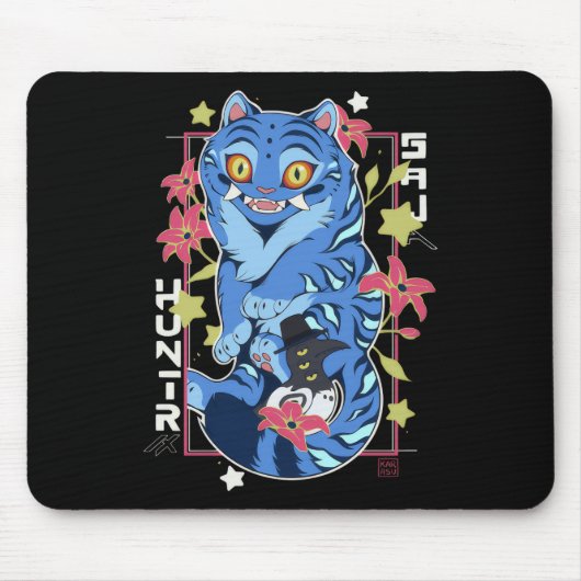 Mystical Blue Tiger Japanese Folk Art Style マウスパッド (正面)