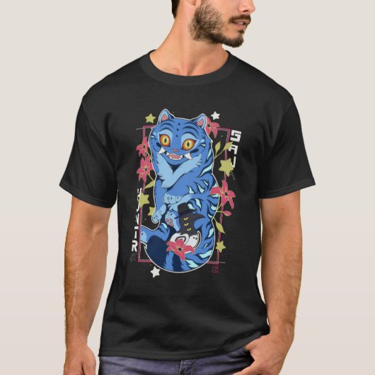 Mystical Blue Tiger Japanese Folk Art Style Tシャツ (正面)
