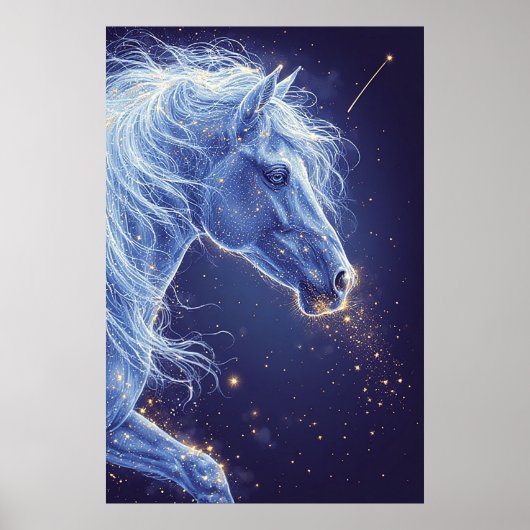 Mystical Blue Unicorn in Starry Night Sky ポスター (正面)
