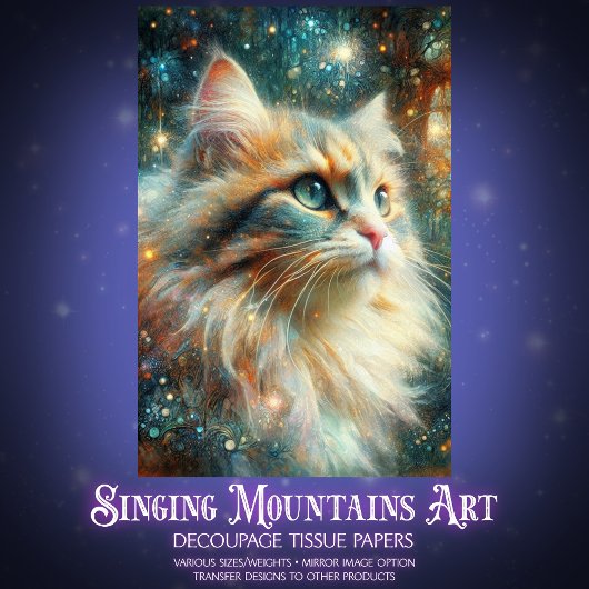 Mystical Cat Among the Blooms Whimsical Decoupage  薄葉紙