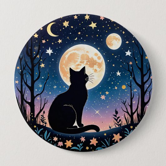 Mystical Cat Moon Button | Cute Night Sky Cat Pin  缶バッジ (正面)