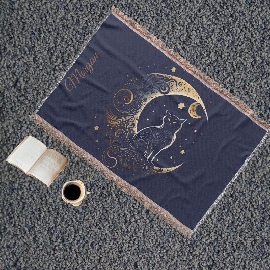 Mystical Cat Moon - Personalized Celestial Gift スローブランケット