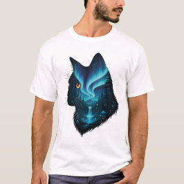 Mystical Cat Northern Lights Forest Silhouette  Tシャツ