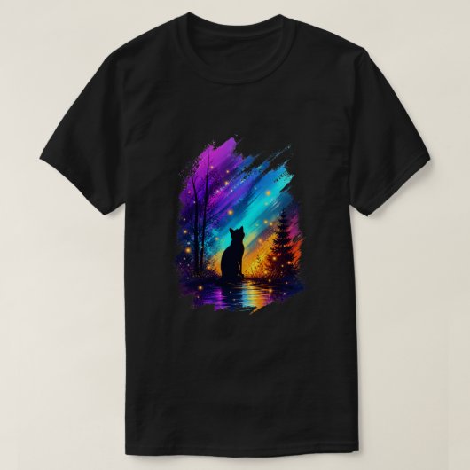 Mystical Cat Silhouette Northern Lights Black Tシャツ (デザイン正面)