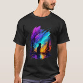 Mystical Cat Silhouette Northern Lights Black Tシャツ (正面)