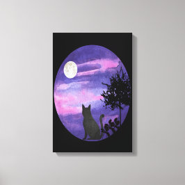 Mystical Cat Under Moon – Dreamy Purple Night Wate キャンバスプリント
