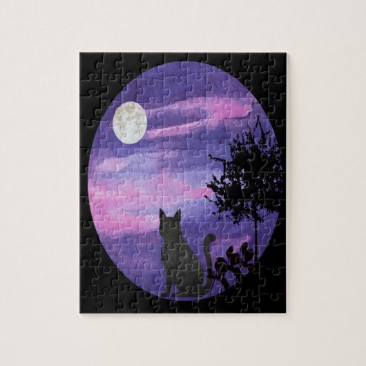 Mystical Cat Under Moon – Dreamy Purple Night Wate ジグソーパズル (縦)