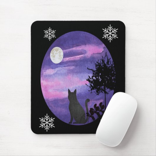 Mystical Cat Under Moon – Dreamy Purple Night Wate マウスパッド (マウス)