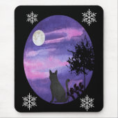 Mystical Cat Under Moon – Dreamy Purple Night Wate マウスパッド (正面)