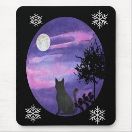 Mystical Cat Under Moon – Dreamy Purple Night Wate マウスパッド