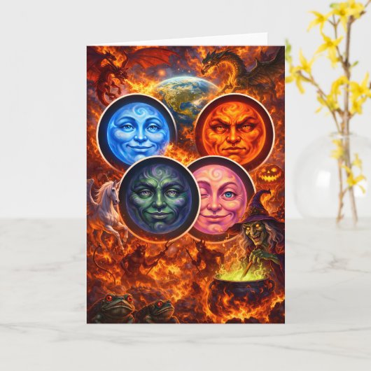 Mystical celestial moon faces fantasy Halloween gr カード (黄色い花)