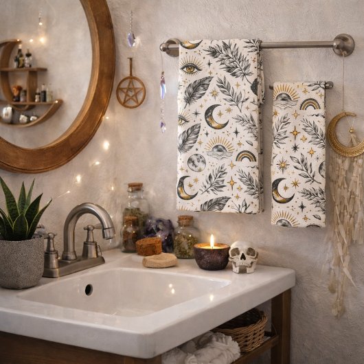 Mystical Celestial Moon Stars Pattern バスタオルセット