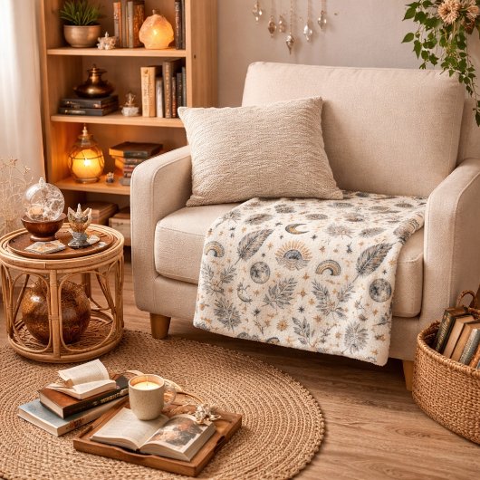 Mystical Celestial Moon Stars Pattern フリースブランケット