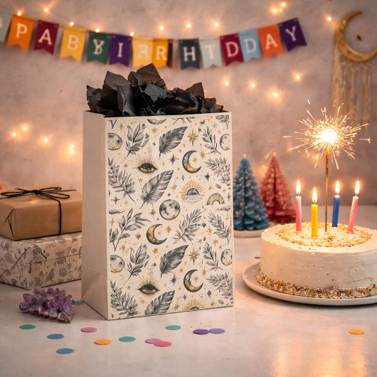 Mystical Celestial Moon Stars Pattern ミディアムペーパーバッグ