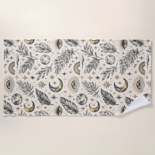 Mystical Celestial Moon Stars Pattern Custom Name ビーチタオル (正面)