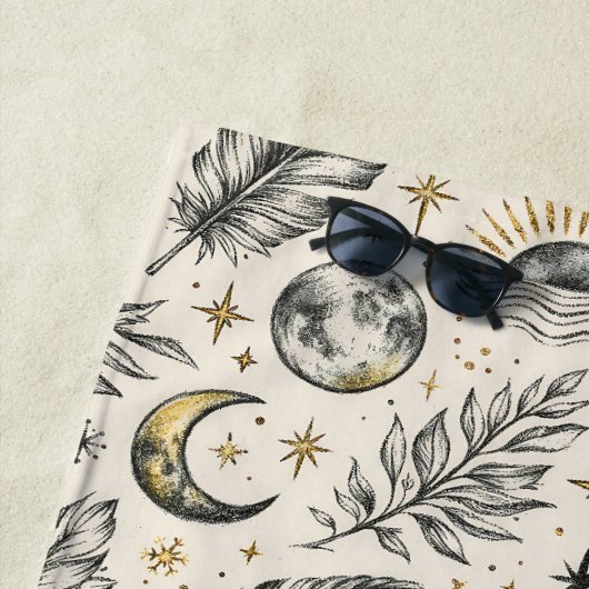 Mystical Celestial Moon Stars Pattern Custom Name ビーチタオル (インサイチュ)