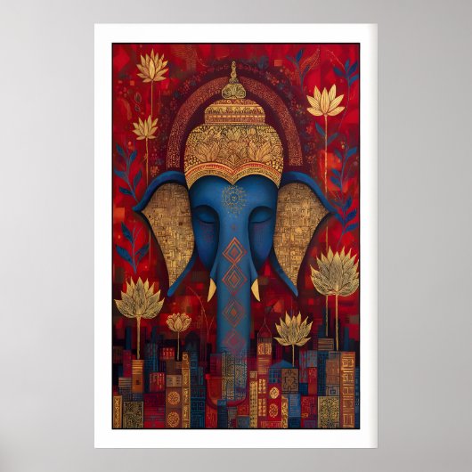Mystical Elephant Buddha Wall Art, Lotus Flowers ポスター (正面)