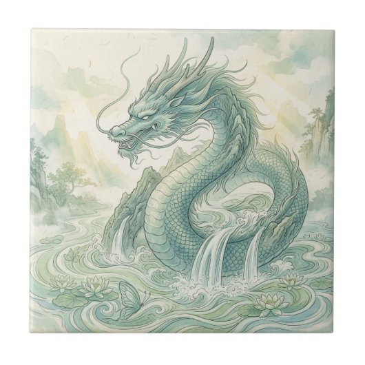 Mystical Fox Dragon Watercolor Art (2) タイル (正面)