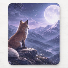 Mystical Fox & Giant Moon Snowy Mountain Peaks マウスパッド