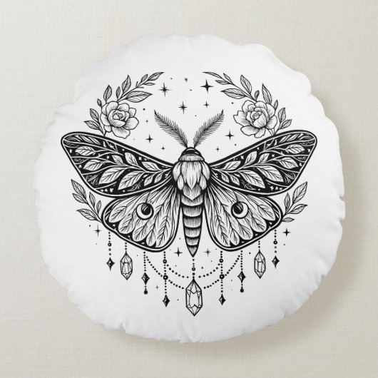 Mystical Gothic Moth Botanical Celestial Line Art  ラウンドクッション (正面)