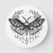 Mystical Gothic Moth Botanical Celestial Line Art ラウンド壁時計 (正面)