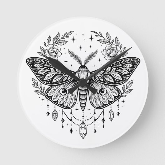 Mystical Gothic Moth Botanical Celestial Line Art ラウンド壁時計 (正面)