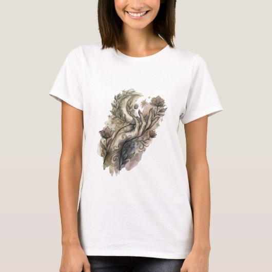 Mystical Hand and Crescent Moon Boho Watercolor Fl Tシャツ (正面)