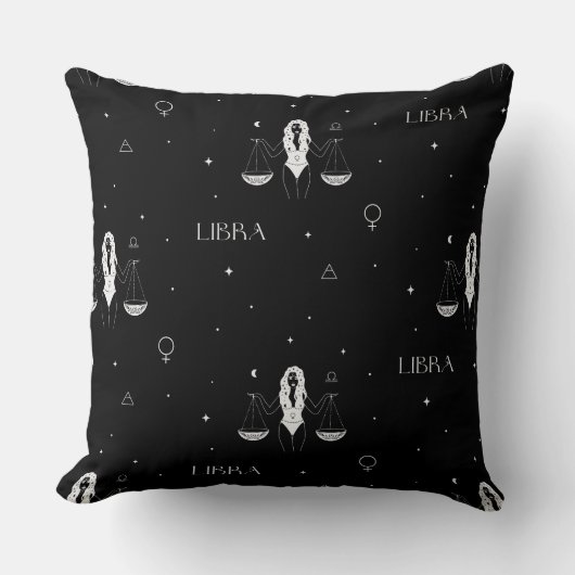 Mystical Libra Zodiac Pattern in Black and White クッション (正面)