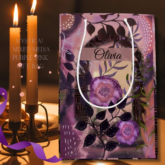 Mystical Mixed Media Floral Archway Purple Pink ミディアムペーパーバッグ