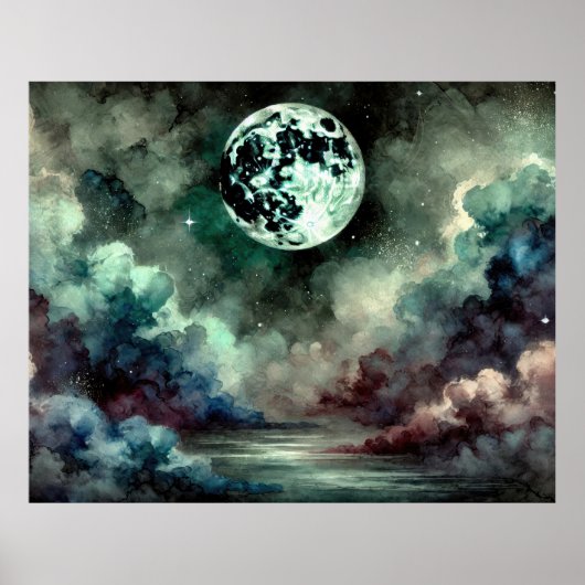Mystical Moon Cosmic Clouds in Dreamlike Night Sky ポスター (正面)