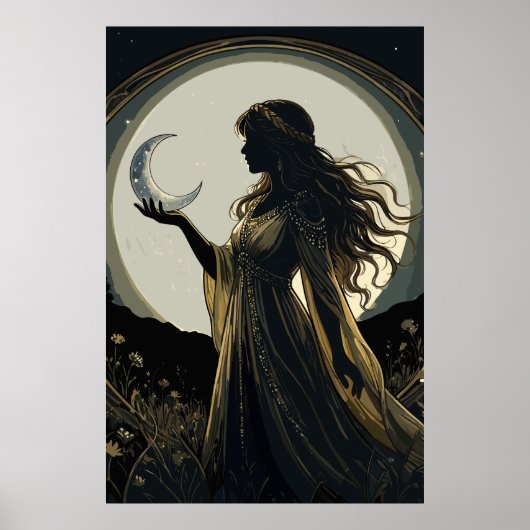 Mystical Moon Goddess, Celestial Woman Silhouette  ポスター (正面)