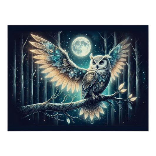 Mystical Moon Owl Celestial Forest Glow ポスター (正面)