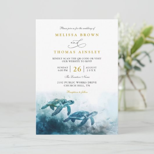 Mystical Moonlight Blue Sea Turtle QR Code Wedding 招待状 (スタンド正面)
