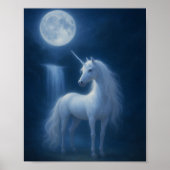 Mystical Moonlight Unicorn & Waterfall Fantasy Art ポスター (正面)