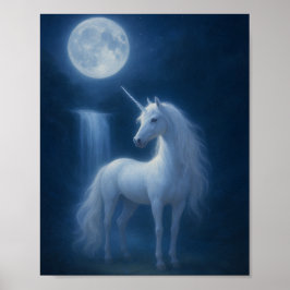 Mystical Moonlight Unicorn & Waterfall Fantasy Art ポスター