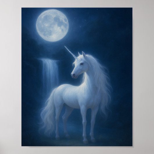Mystical Moonlight Unicorn & Waterfall Fantasy Art ポスター (正面)