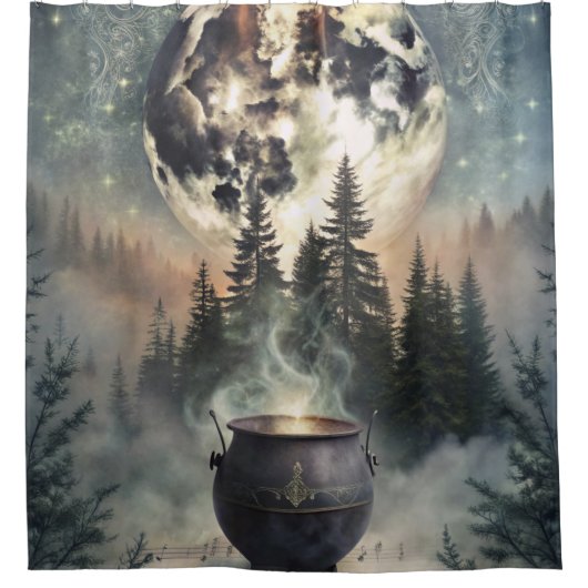 Mystical Moonlit Forest Cauldron -Witchy Magic Art シャワーカーテン (正面)