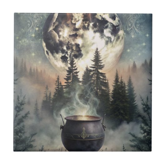 Mystical Moonlit Forest Cauldron -Witchy Magic Art タイル (正面)