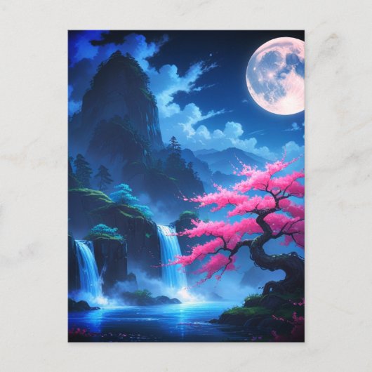 Mystical Moonlit Waterfall with Cherry -nature ポストカード (正面)